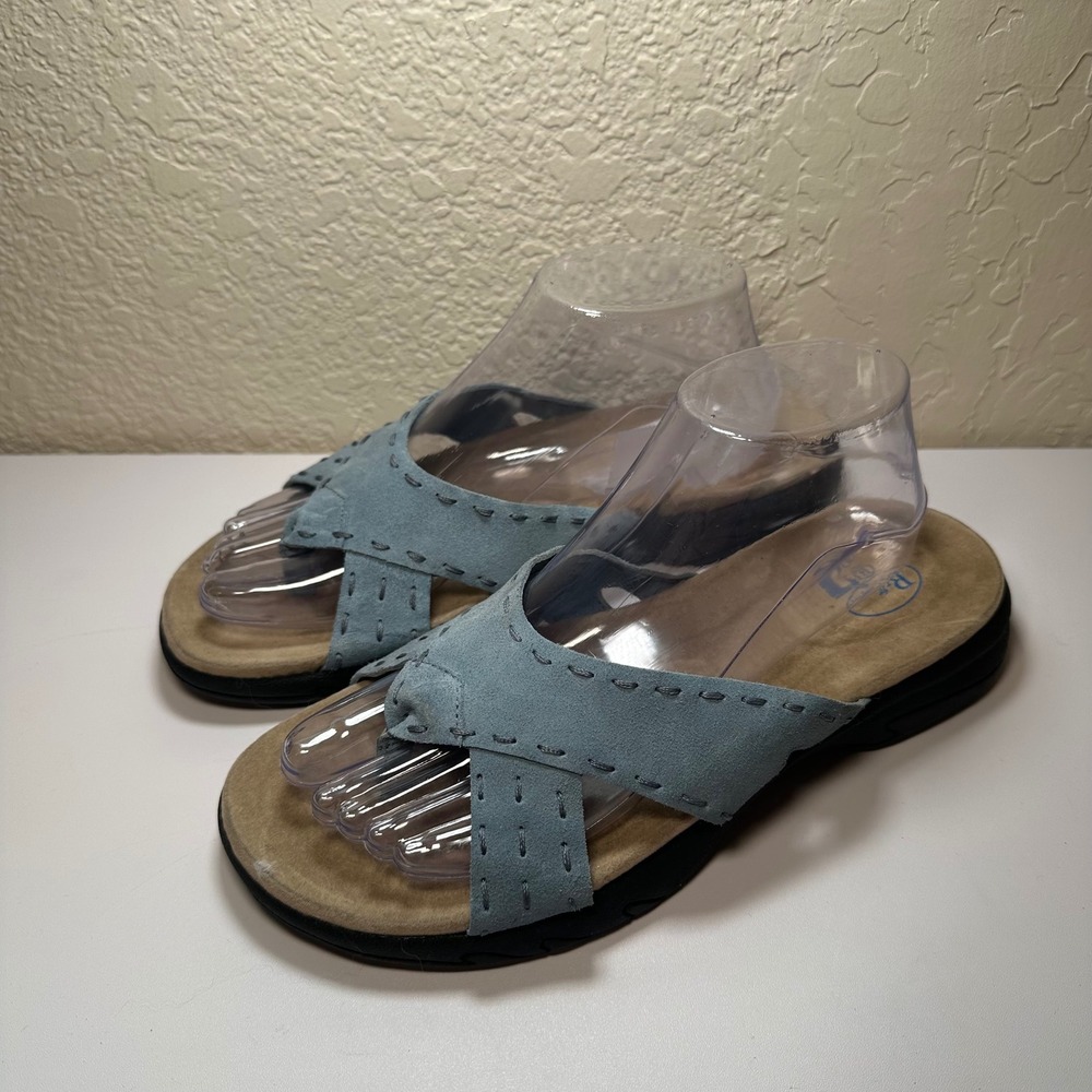 RX for Comfort Womens 9 Leather Sandals Flip Flop Blue Comfort Lagenlook Beach